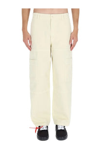 Off-white men’s beige wide-leg cargo pants with large side pockets and minimalist cream-colored design