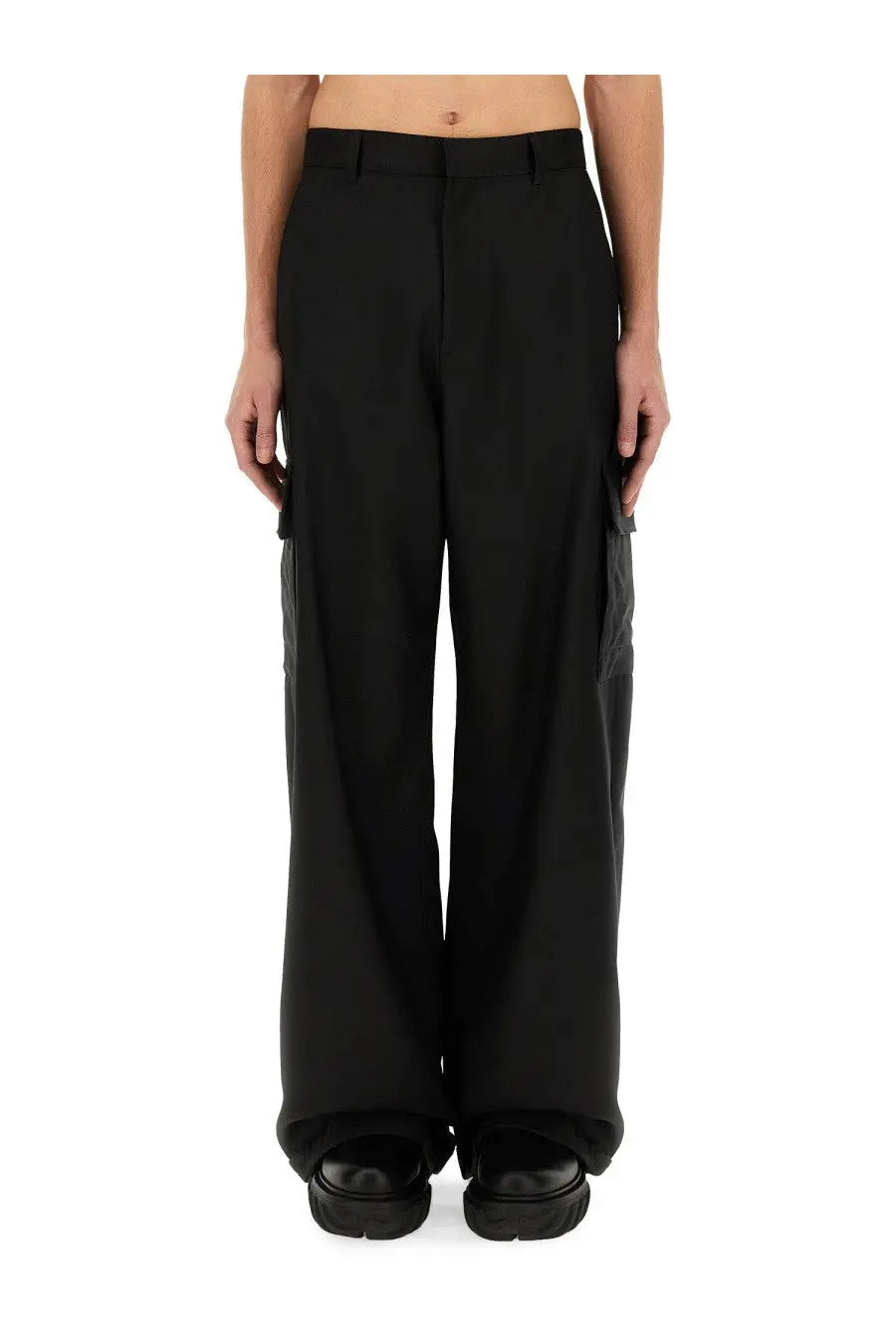 Off-White men’s black wide-leg cargo pants with a sleek structured fit and prominent side pockets