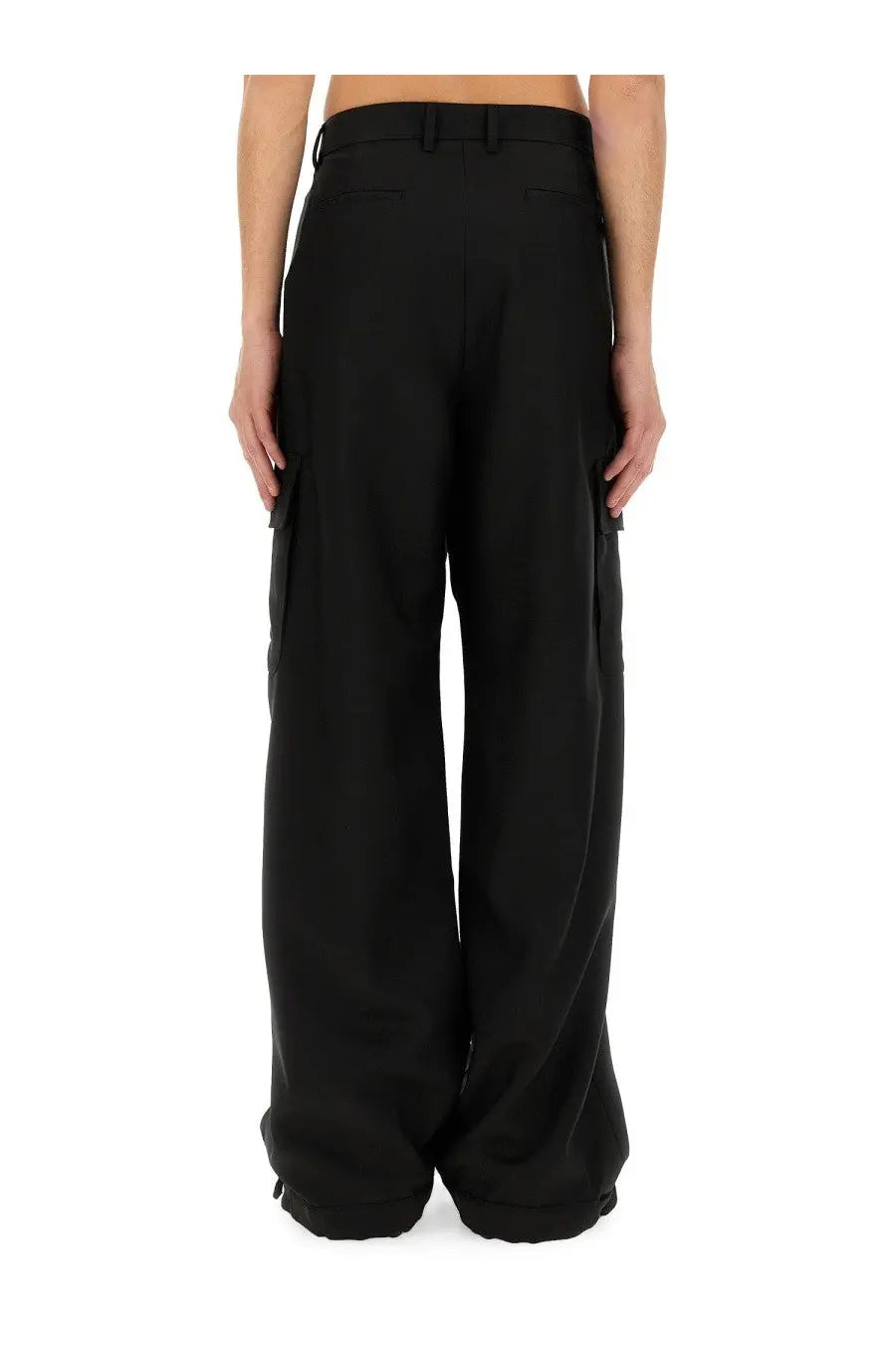 Off-White men’s black wide-leg cargo pants with sleek tailored fit and functional side pockets