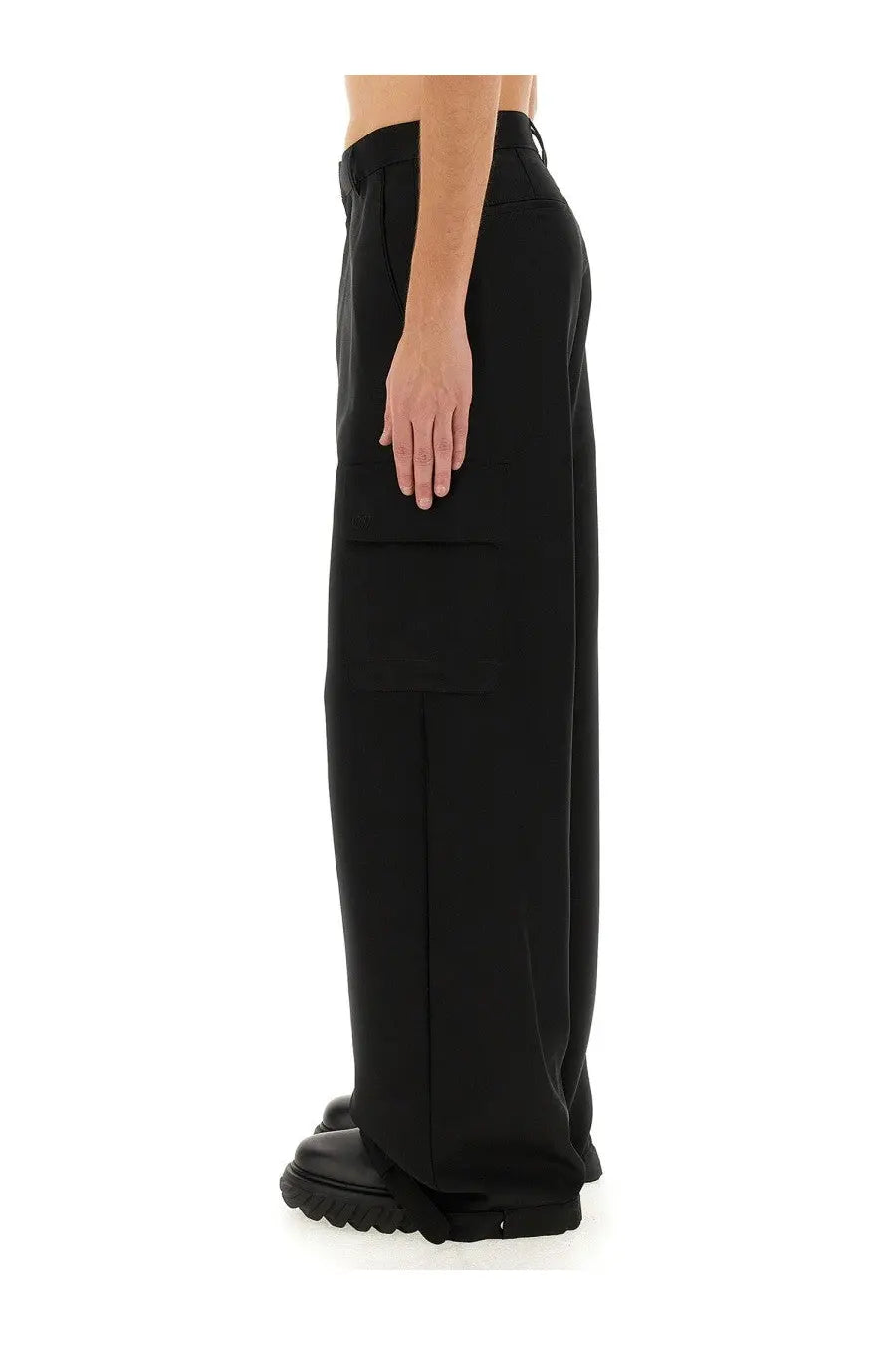 Off-white men’s cargo pants black with sleek wide-leg design and prominent side pockets made from durable fabric