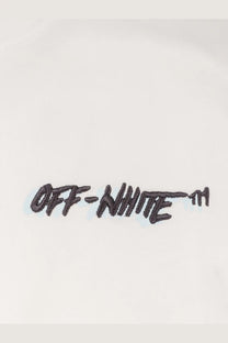 Black embroidered off-white logo on white cotton fabric of Off-White men’s cotton shirt front side