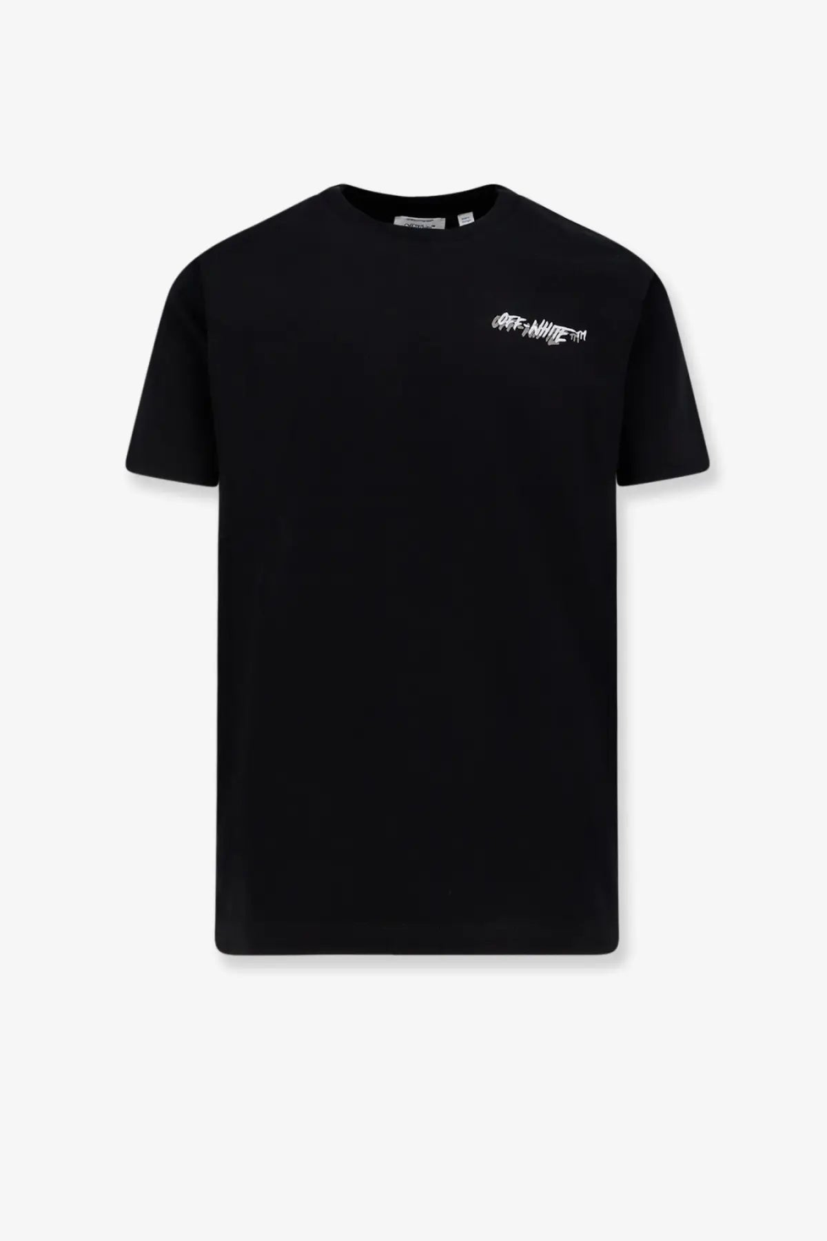 Off-white men’s black cotton t-shirt with white graffiti style logo on the left chest