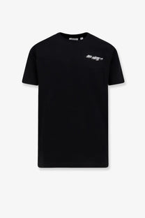 Off-white men’s black cotton t-shirt with white graffiti style logo on the left chest