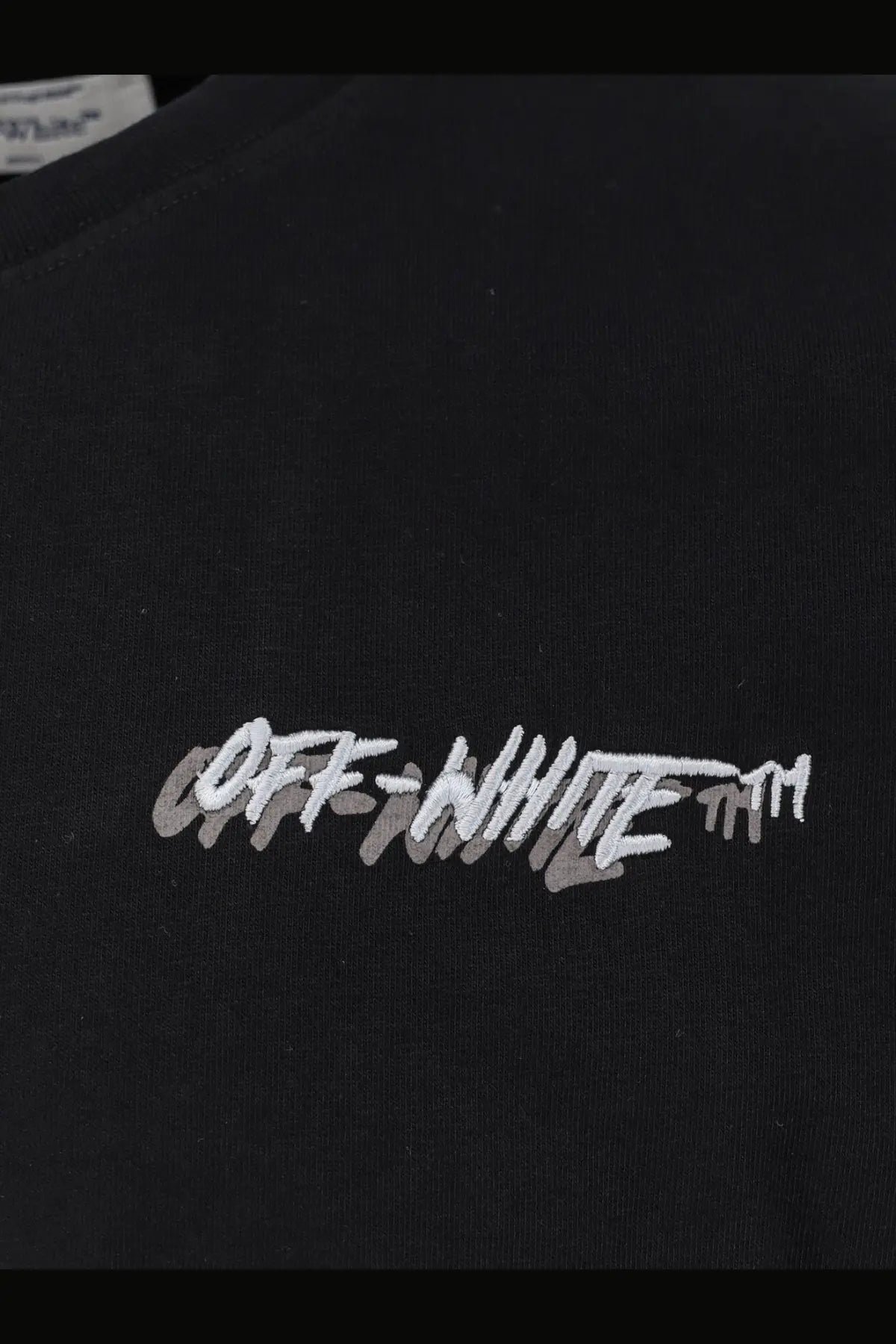 Off-white men’s black cotton t-shirt with a white and gray embroidered logo on the front