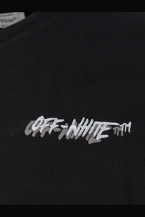 Off-white men’s black cotton t-shirt with a white and gray embroidered logo on the front