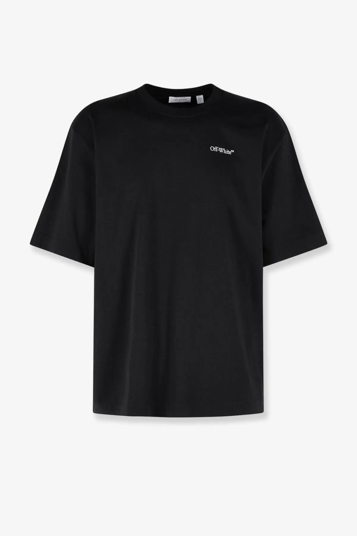 Off-White men’s black cotton t-shirt with a minimalist white logo on the left chest front