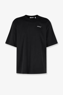 Off-White men’s black cotton t-shirt with a minimalist white logo on the left chest front