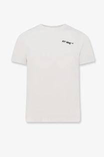 Off-white men’s cotton t-shirt in cream with a black embroidered logo on the left chest for casual wear