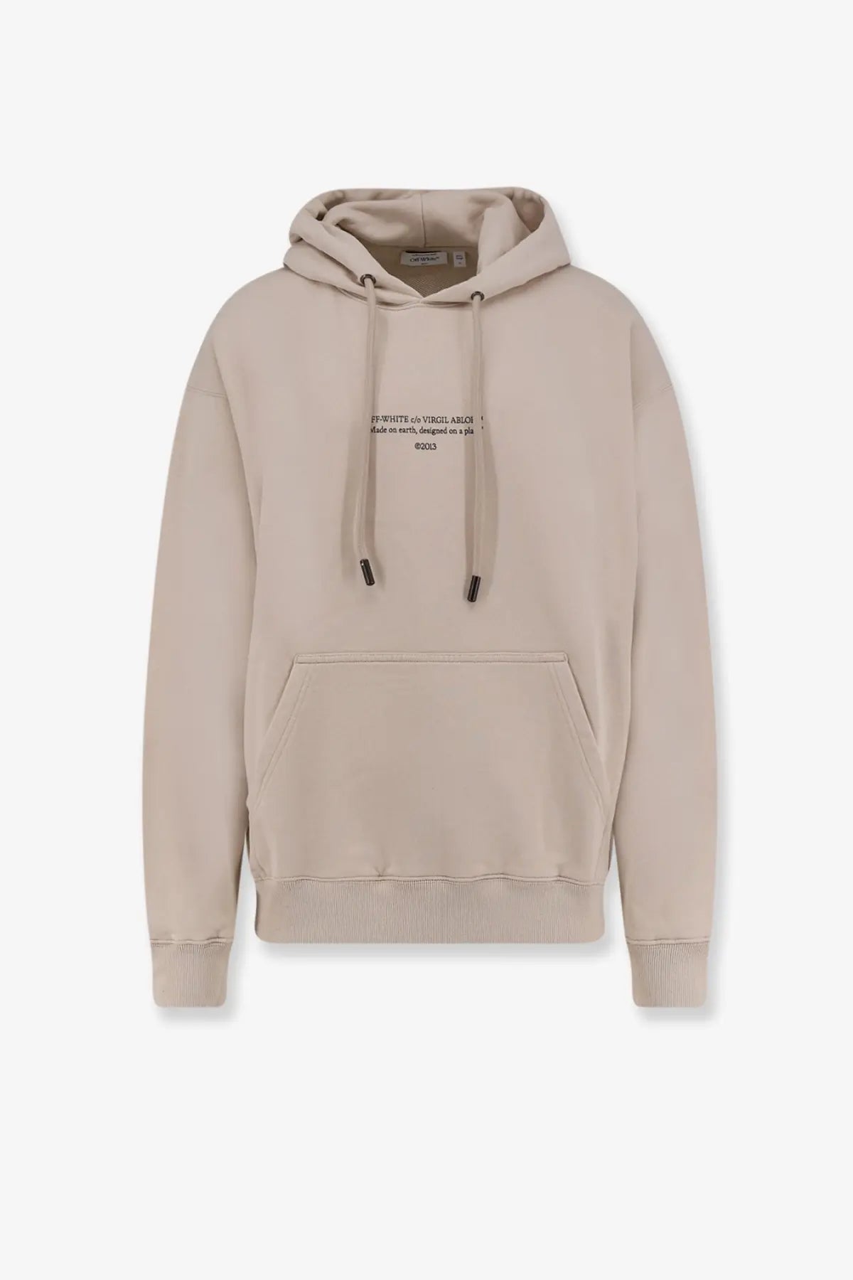 Beige off-white men’s cotton sweatshirt with oversized hoodie, front pocket, and subtle black chest text