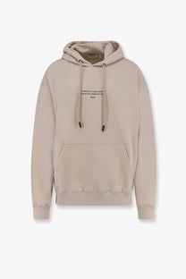 Beige off-white men’s cotton sweatshirt with oversized hoodie, front pocket, and subtle black chest text