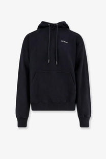 Off-white men’s black cotton hoodie with subtle white chest logo and matching drawstrings for casual wear