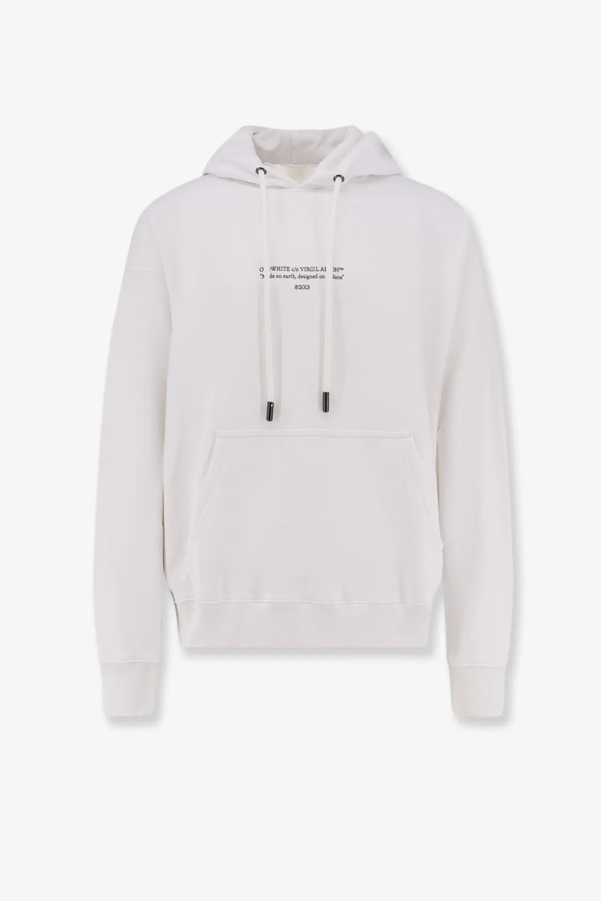 Off-white men’s cotton sweatshirt white featuring a white hoodie with black text drawstrings and front pocket in a minimalist design