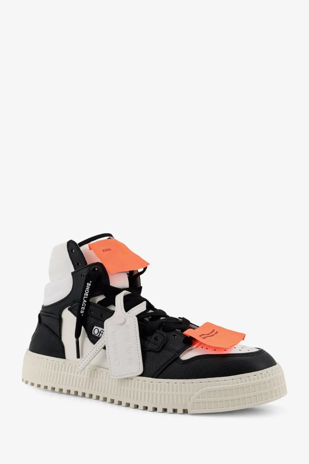 Off-white men’s court high top leather sneakers in black with orange tag accents and chunky off-white sole