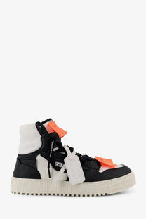 Off-white men’s court high top leather sneakers black with orange tag accents and chunky off-white rubber sole