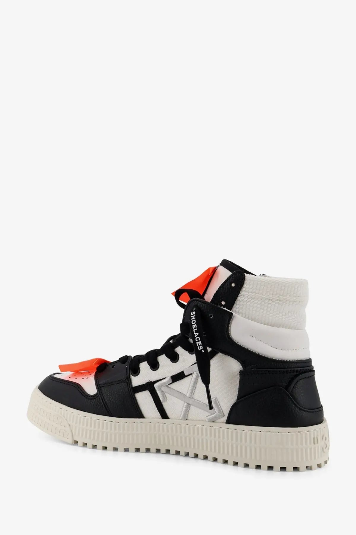 Off-White men’s court high top leather sneakers in black and white with orange accents and chunky off-white sole