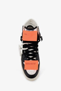 Off-White men’s court high top leather sneaker in black and white with orange label accents front view