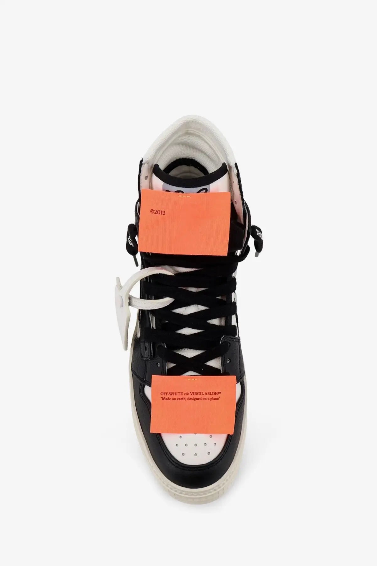Off-White men’s court high top leather sneakers in black with white accents and orange label details