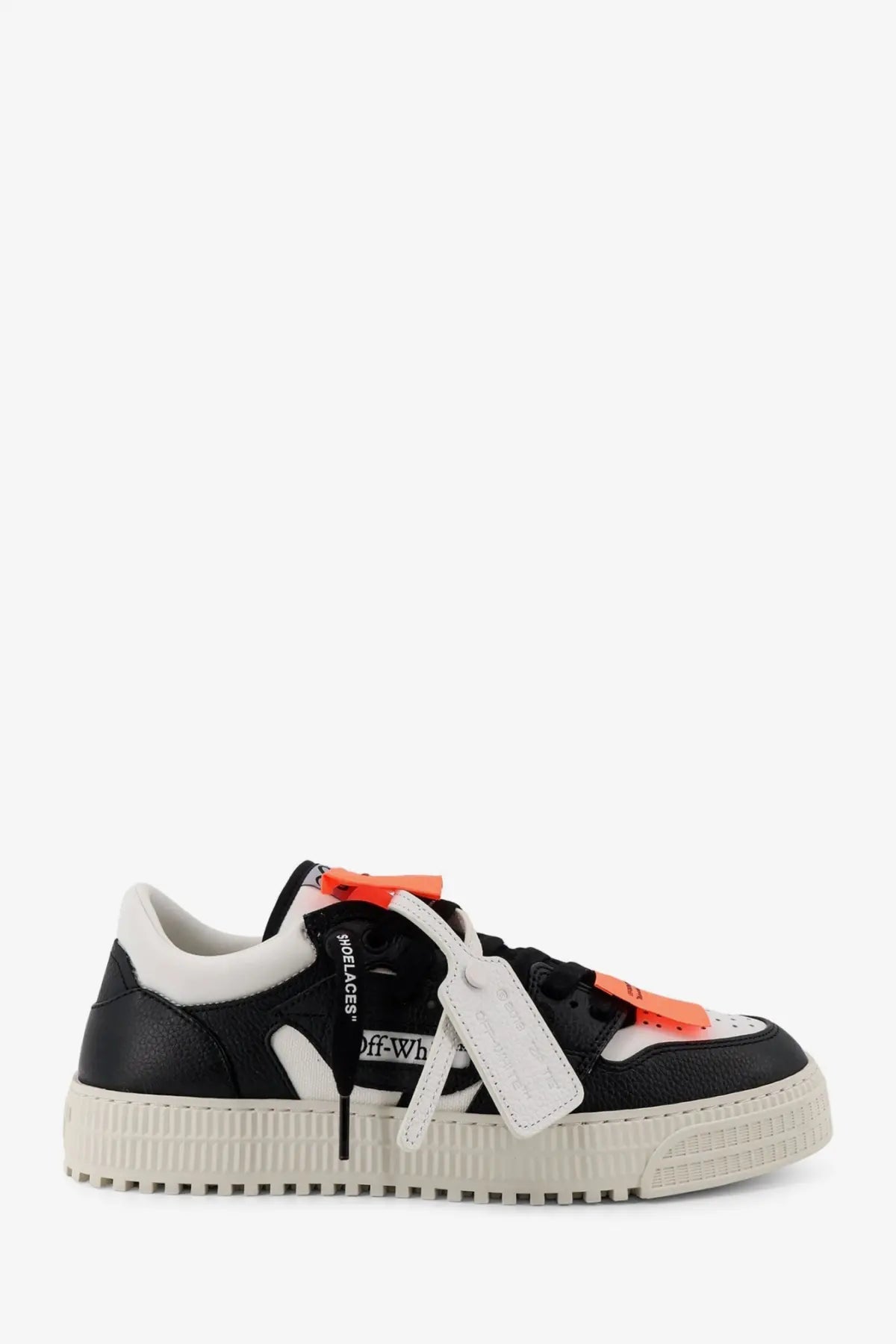 Off-White men’s court low top leather sneakers in black and off-white with orange accents and textured rubber sole