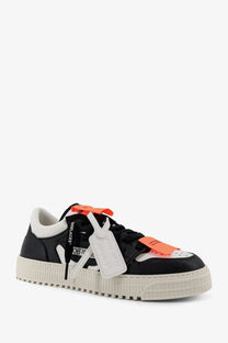 Off-white men’s court low top leather sneakers in black and white with orange tag accents