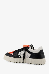 Off-White men’s court low top leather sneaker in black and off-white with orange accents and chunky sole