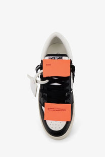 Off-white men’s court low top leather sneakers in black and white with orange tags by Virgil Abloh