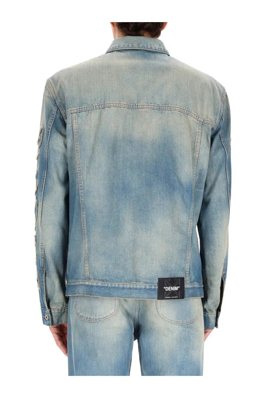 Off-white men’s diag raw patch jacket blue light blue faded denim with gradient wash and visible stitching details