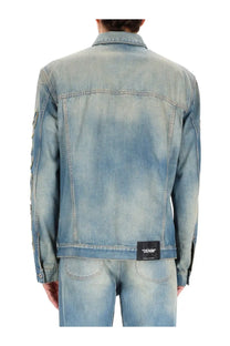 Off-white men’s diag raw patch jacket blue light blue faded denim with gradient wash and visible stitching details