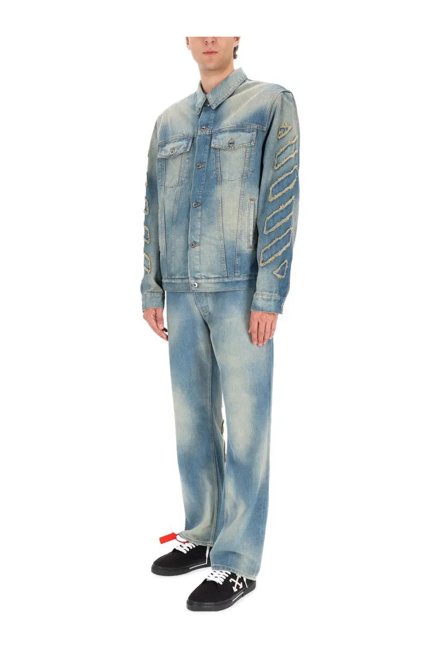 Off-White men’s diag raw patch jacket blue light-wash denim with distressed fabric and embroidered arrow sleeve patterns