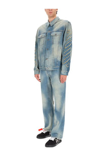 Off-White men’s diag raw patch jacket blue light-wash denim with distressed fabric and embroidered arrow sleeve patterns