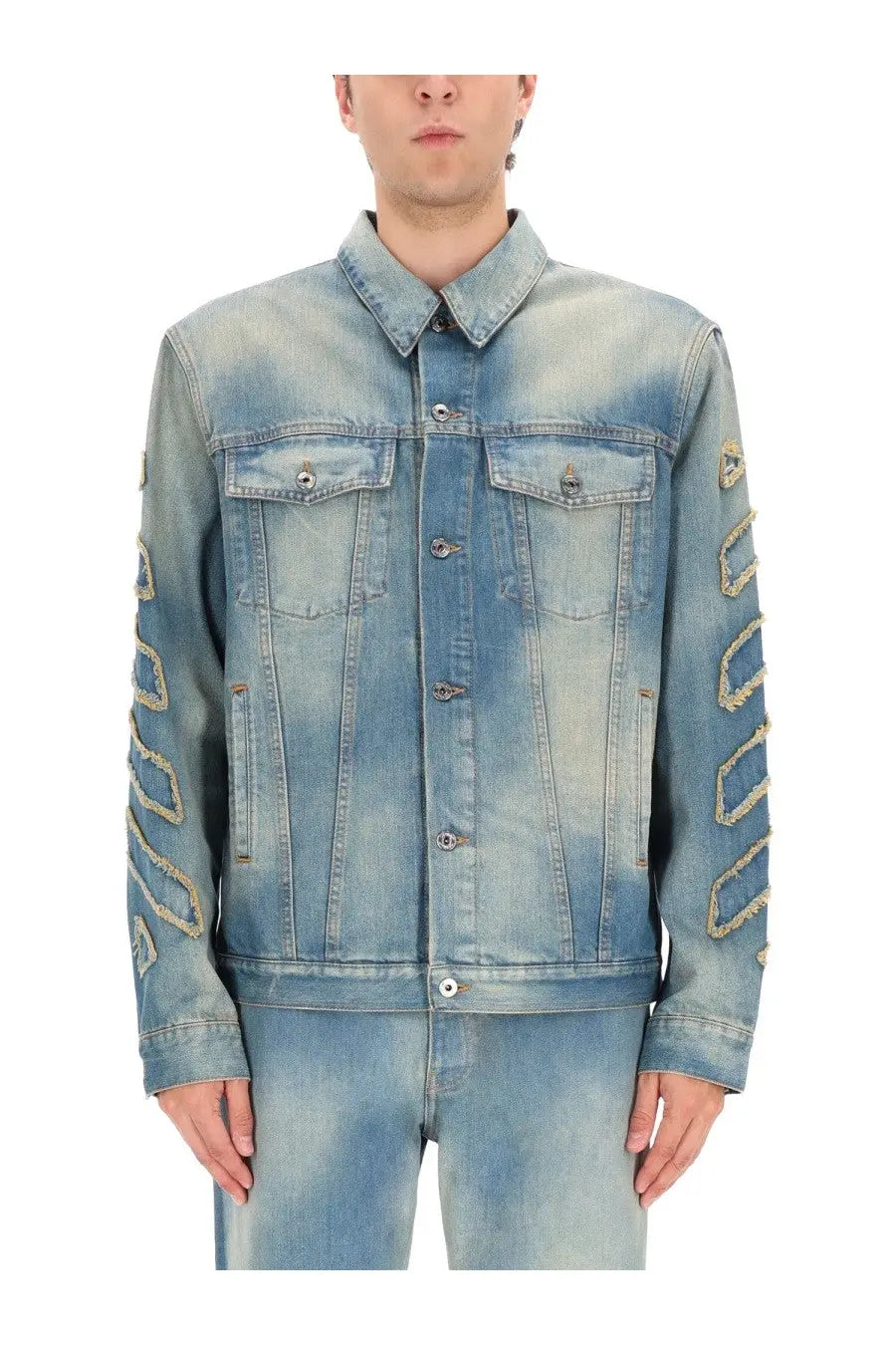Off-White men’s diag raw patch jacket blue light-wash denim with distressed geometrically stitched sleeve patches