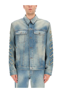 Off-White men’s diag raw patch jacket blue light-wash denim with distressed geometrically stitched sleeve patches