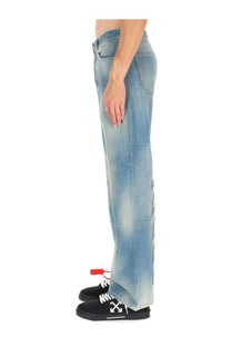 Off-white men’s diag raw patch light-wash denim jeans with faded distressed look and subtle vertical branding on outer leg
