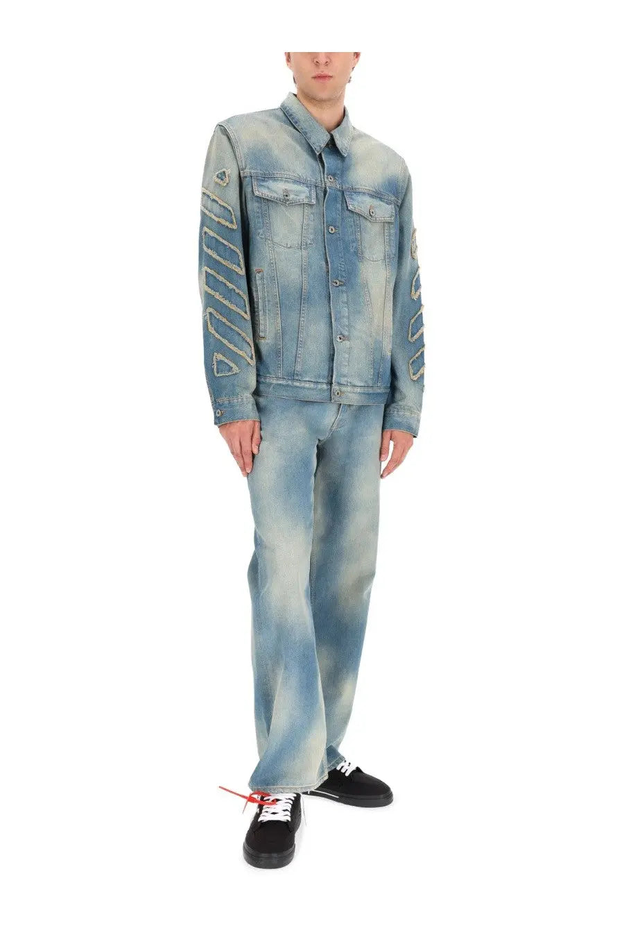 Off-white men’s diag raw patch blue jeans paired with a light-wash denim jacket with distressed geometric embroidery