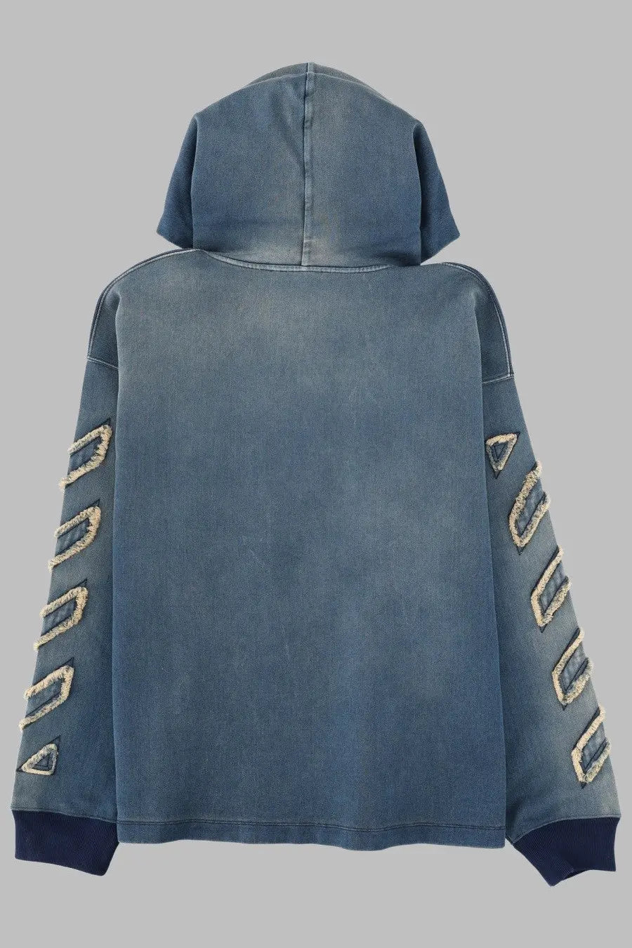 Off-white men’s felpa in blue denim hoodie with distressed texture and white embroidered geometric sleeve patterns