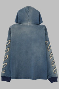 Off-white men’s felpa in blue denim hoodie with distressed texture and white embroidered geometric sleeve patterns