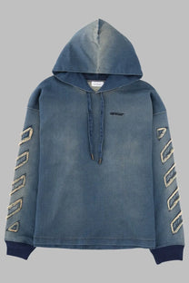 Off-white men’s denim hoodie in blue with distressed texture dark blue cuffs and embroidered geometric sleeve patterns