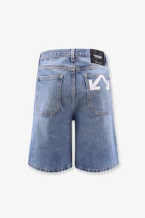Back side of off white mens light wash denim shorts with bold white arrow logo on pocket and brand label