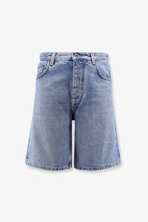 Off-White men’s half arrow light-wash denim shorts with high waist and classic five-pocket design in blue