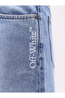 Off-White men’s light-wash denim shorts with white off-white logo embroidered vertically along the seam