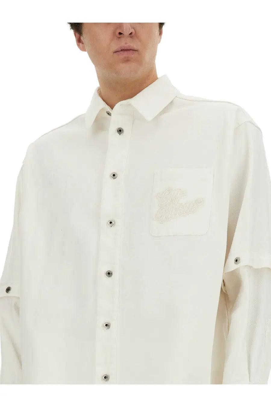 Off-white men’s jacket shirt white with a crisp button-down style, subtle chest patch, and adjustable sleeve cuffs