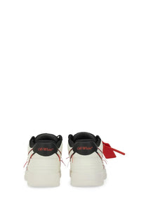 Off-white men’s leather sneaker white in off-white with black heel tabs red laces and chunky sole front view
