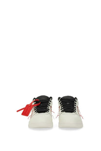 Off-white men leather sneaker white with black laces red stitching and distinctive red tag on the left shoe