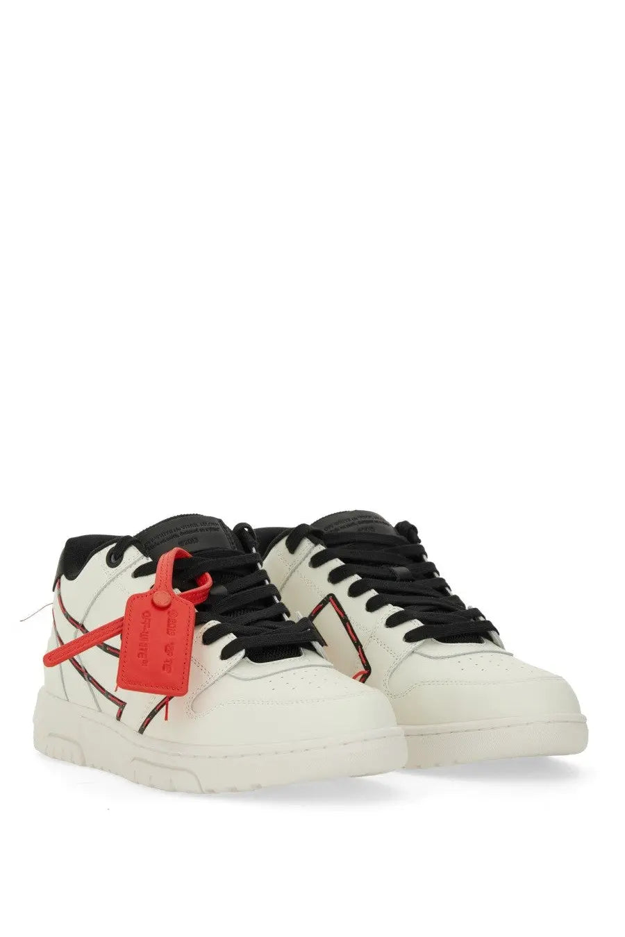 Off-white men’s leather sneaker white with black laces red stitching and bold red side tag