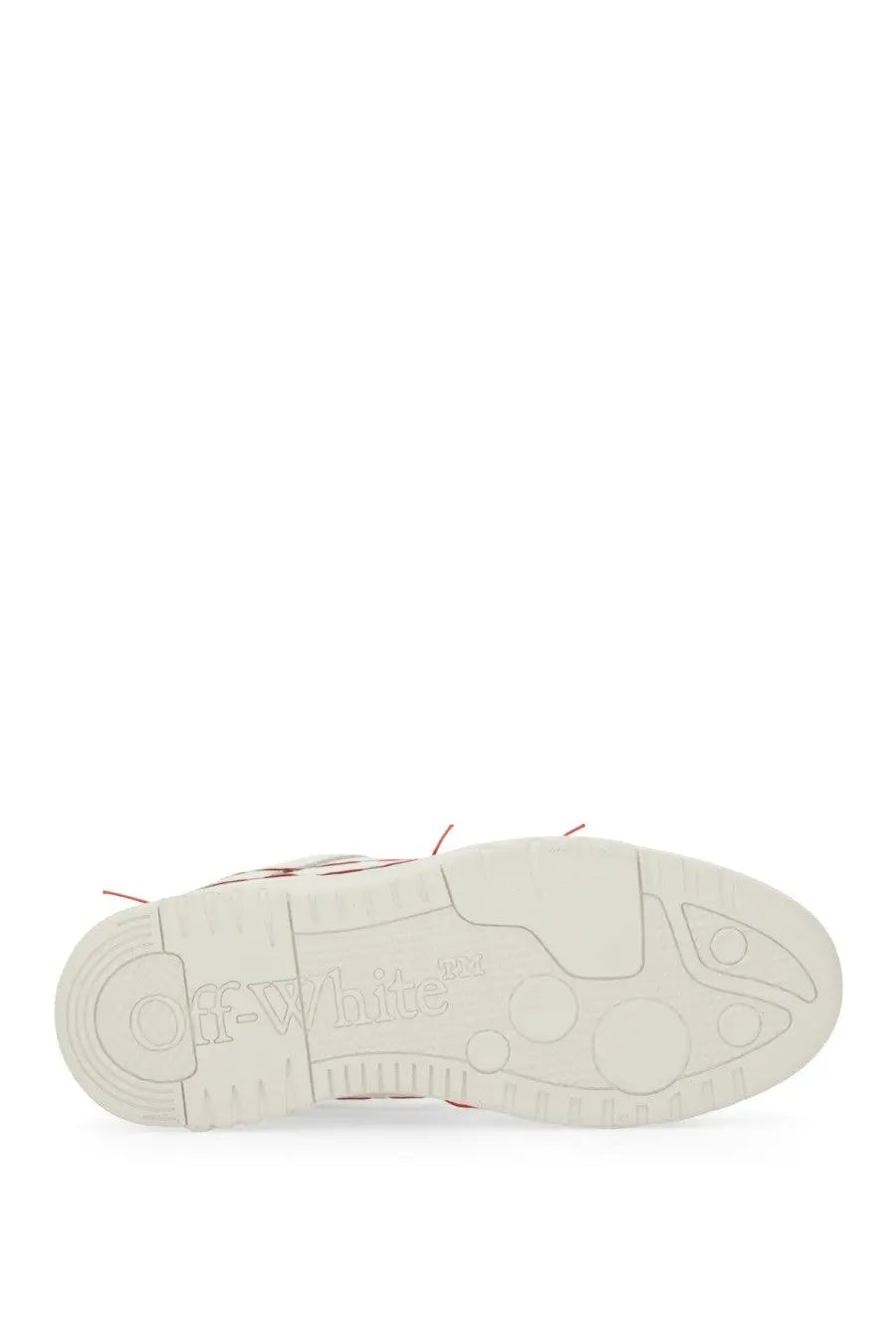 Off-white men’s leather sneaker white with white rubber sole featuring red laces and embossed branding