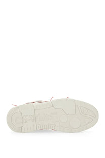 Off-white men’s leather sneaker white with white rubber sole featuring red laces and embossed branding