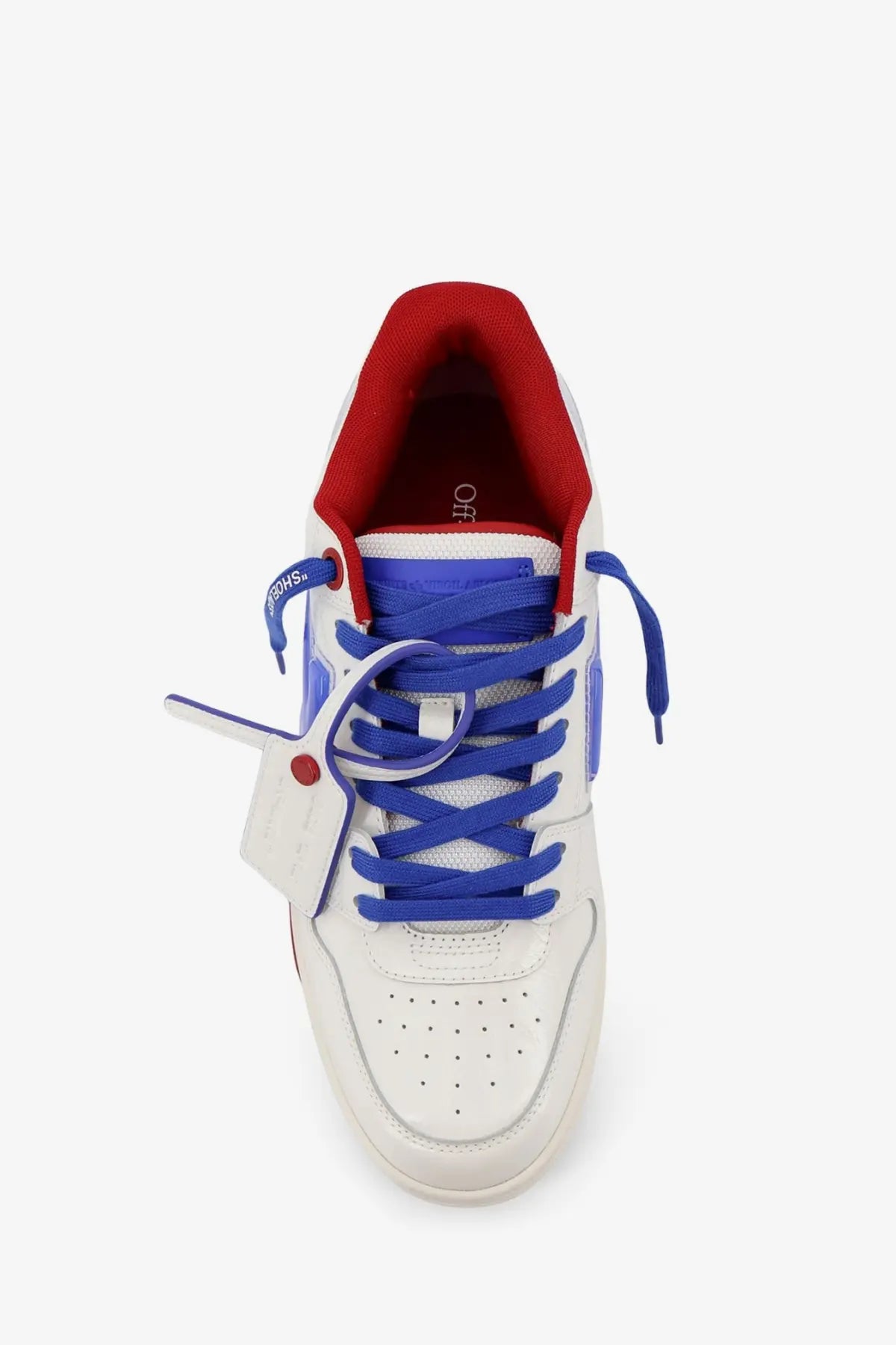 Off-white men’s out of office bubble arrow leather sneakers white with bold blue laces red interior lining and tag