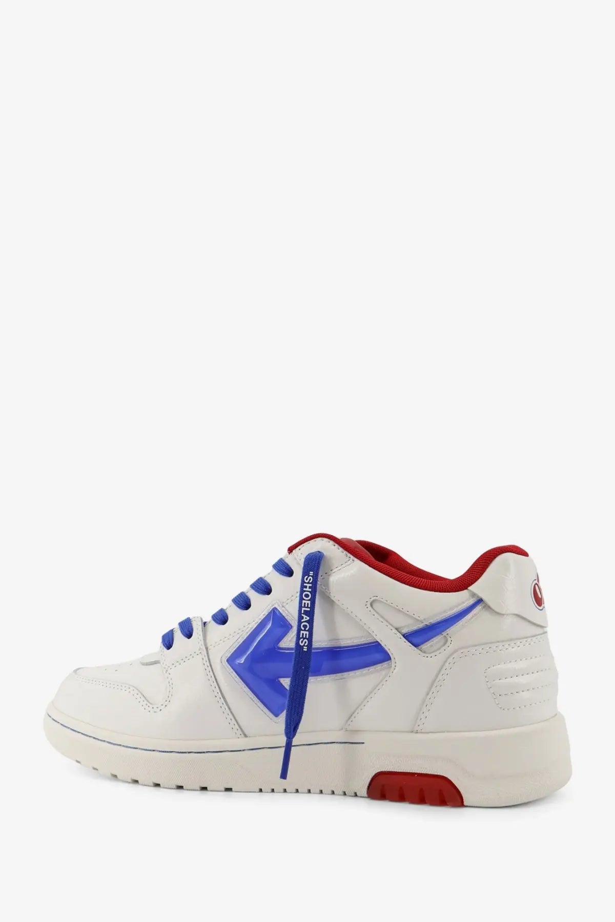 Off-white men’s out of office bubble arrow leather sneakers in white with bold blue arrow logo and red accents