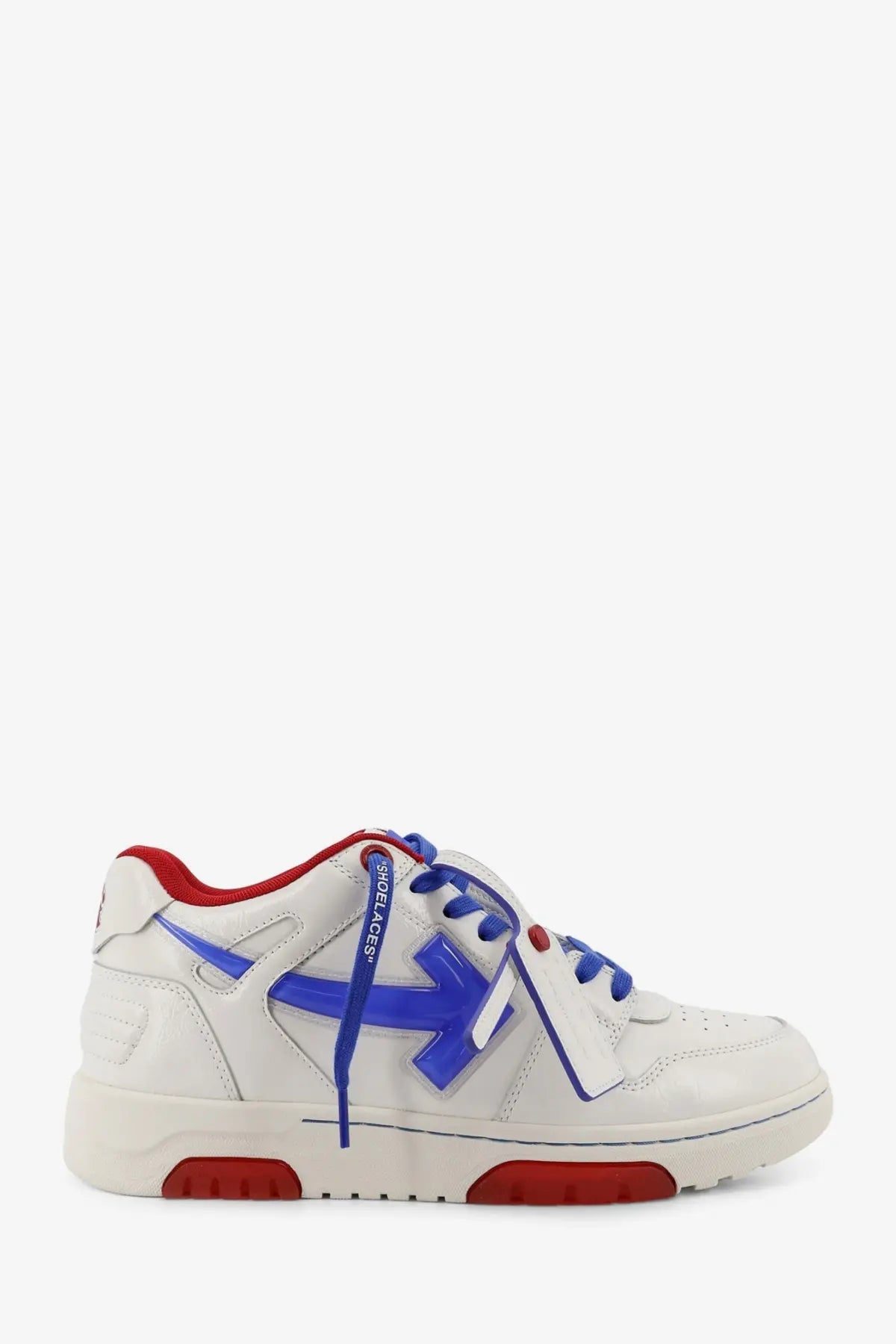 Off-white men’s out of office leather sneakers in white with bold blue and red accents and a distinctive logo on the side