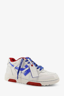 Off-White men’s out of office leather sneakers white with bold blue and red accents and a distinctive logo patch