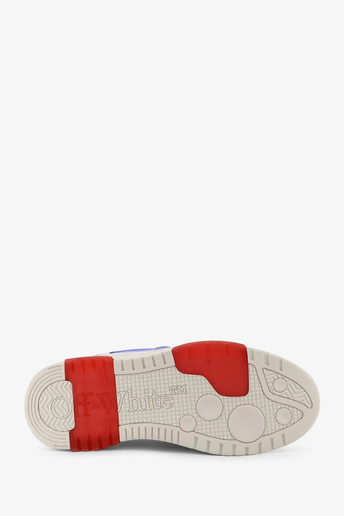 Off-white men’s out of office bubble arrow leather sneakers in white showing red and white rubber sole with embossed logo